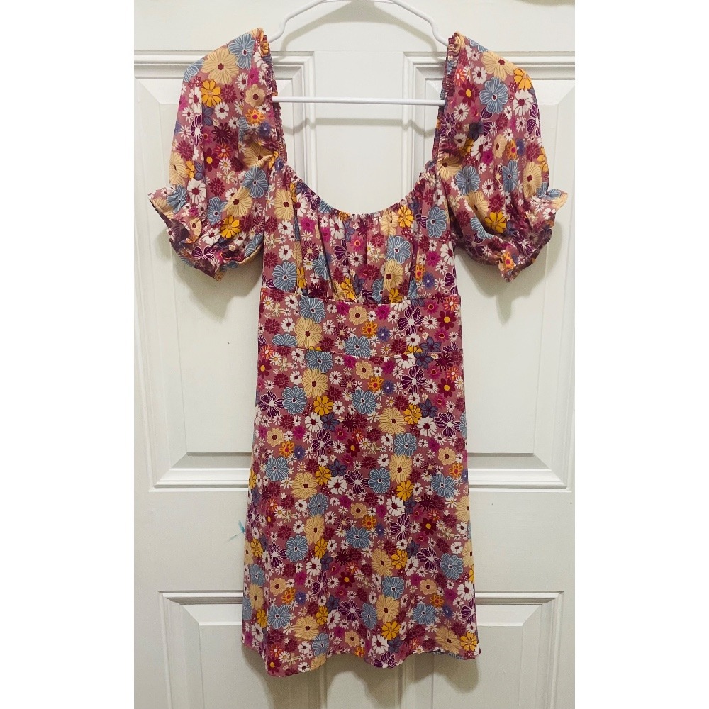 Bebop Floral Mini Dress Puff Sleeve Tie Back Cottagecore Pink Size‎ S